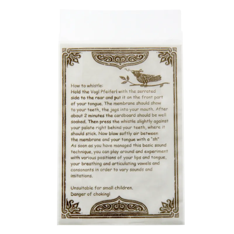 Sachet pour sifflets à oiseaux avec notice en anglais | Rhythms & Roots